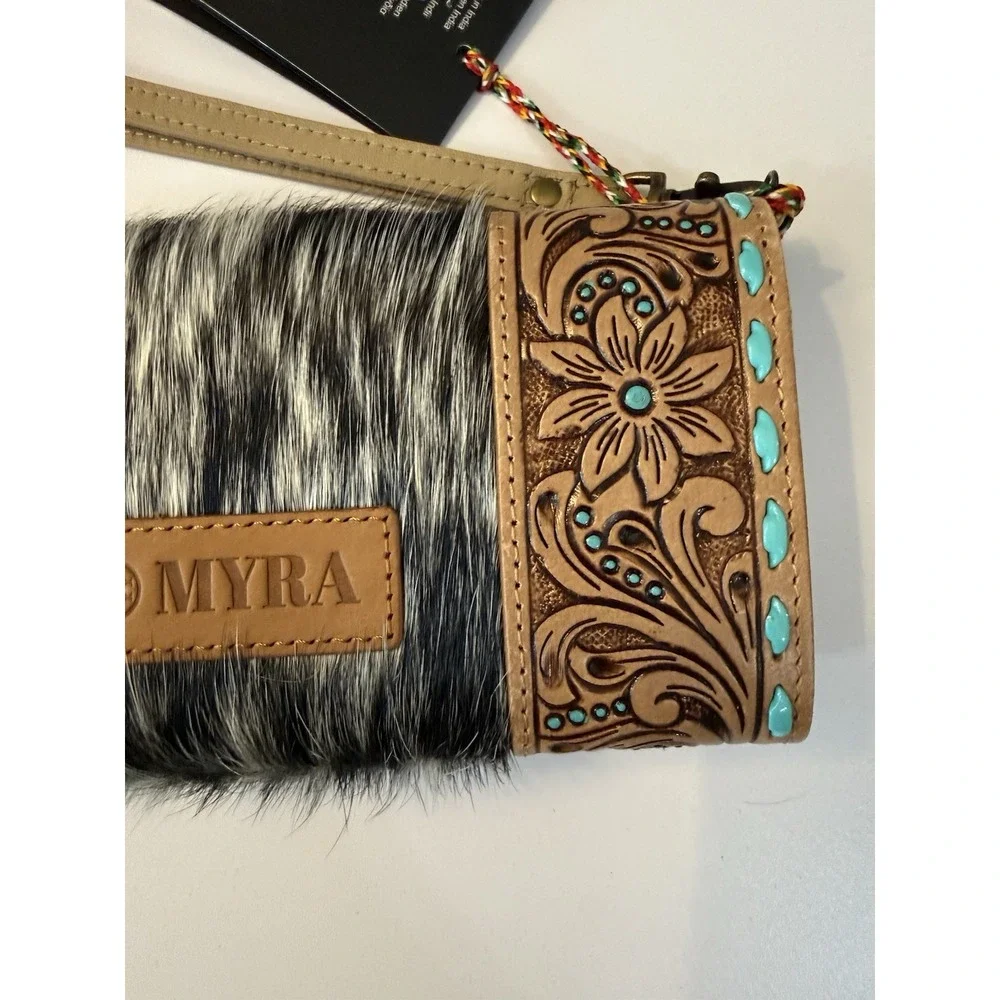 NWT Myra Bag Exclusive Hand Tooled Leather Cowhide Wristlet Wallet Turquoise